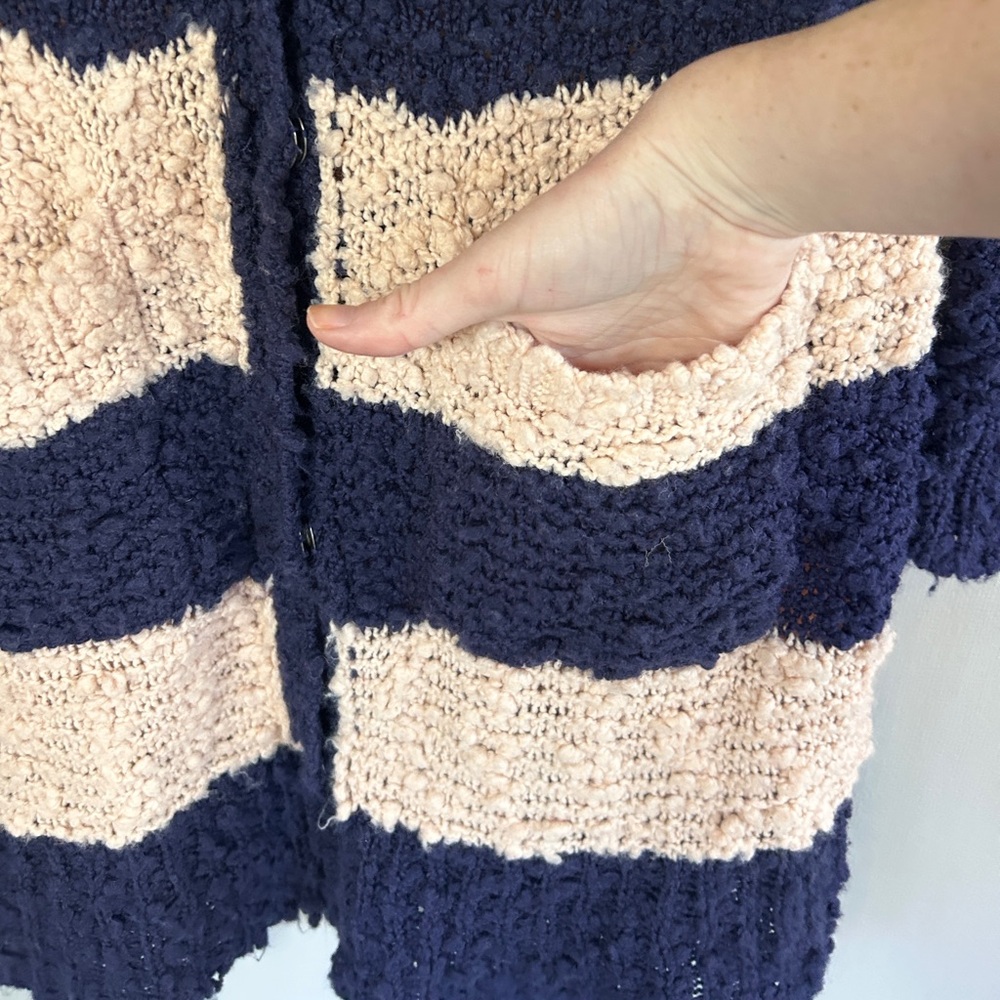 FREE PEOPLE Rugby Striped Chunky Bouclé Knit Long Cardigan Boho Cottage Size M - Picture 7 of 15